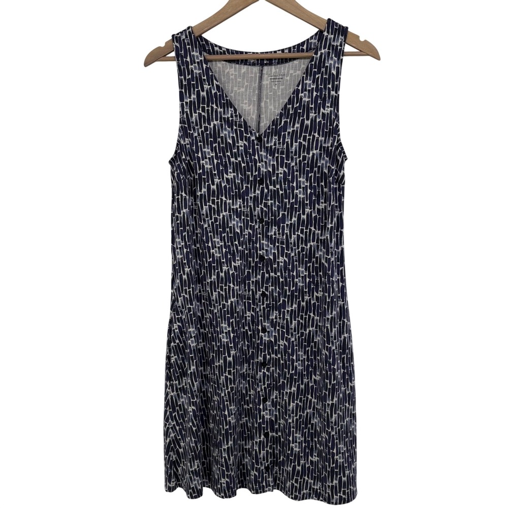 Garnet Hill Blue White Abstract Print Tencel V-Neck Button Front Dress Medium